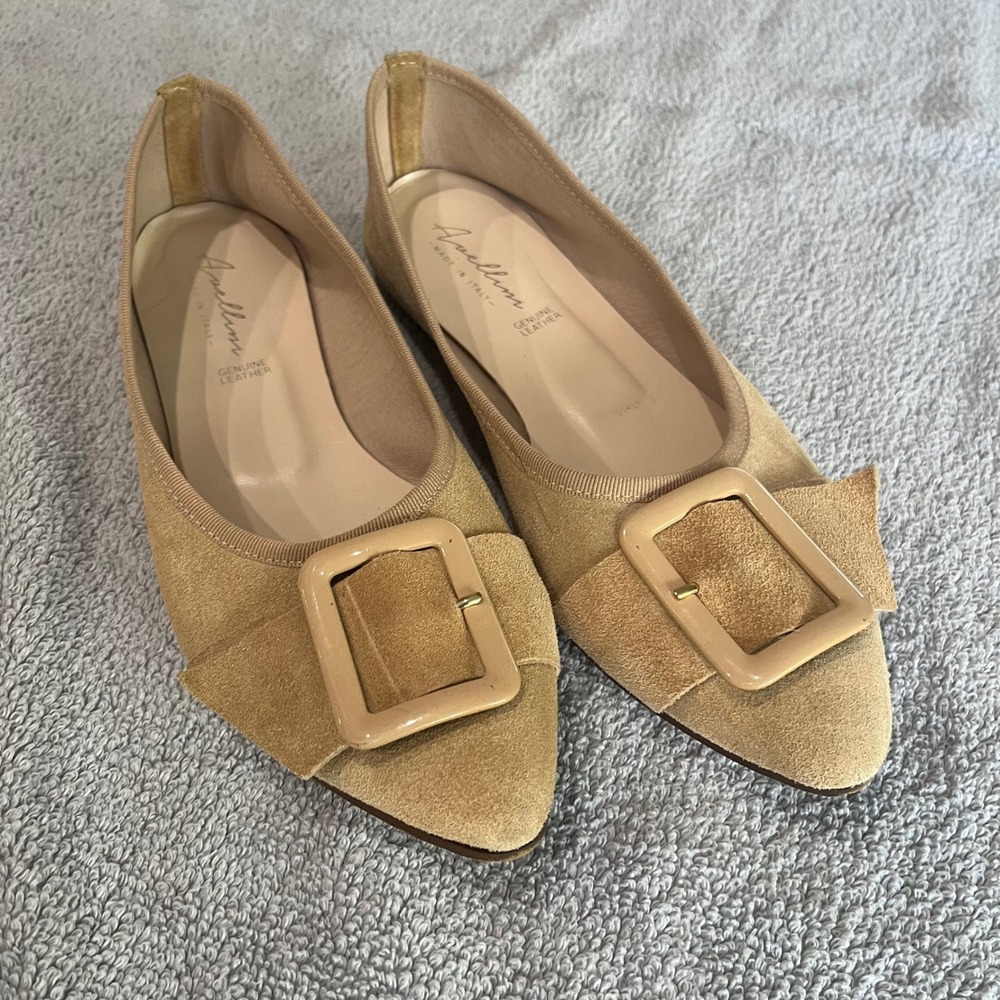 Avellini Tan Suede Pointed Toe Buckle Flats Made in Italy Size 41 US 9.5